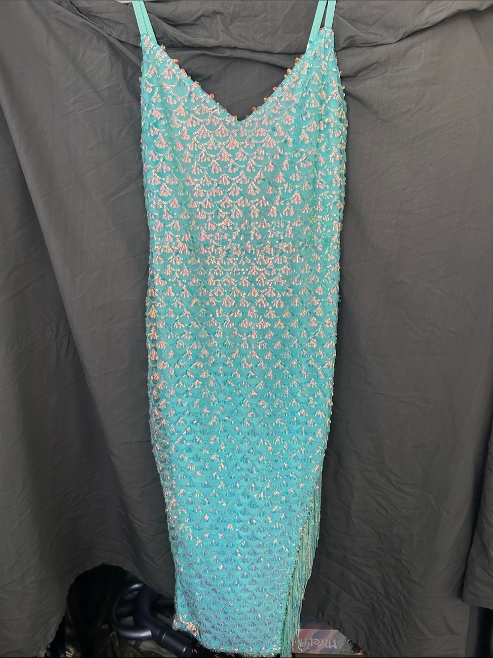 Fashion Nova Aqua Sequin Fringe Midi Dress